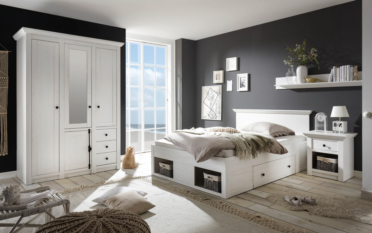 BETT Pinie weiß Liegefläche 140 x 200 cm, Stauraumbett mit Bettschubkasten - Schwarz/Weiß, Holzwerkstoff/Kunststoff (140/200cm) - Furn.Design