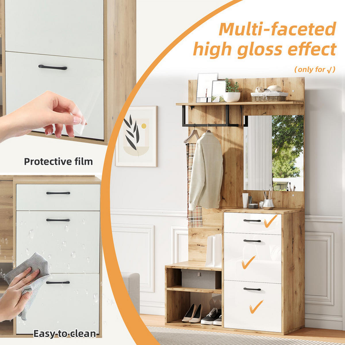 GARDEROBEN-SET WEISS mit Spiegel und Schuhbank 100x38.5x190 cm - Braun, Holzwerkstoff (38.5/190/100cm) - Fuleadture