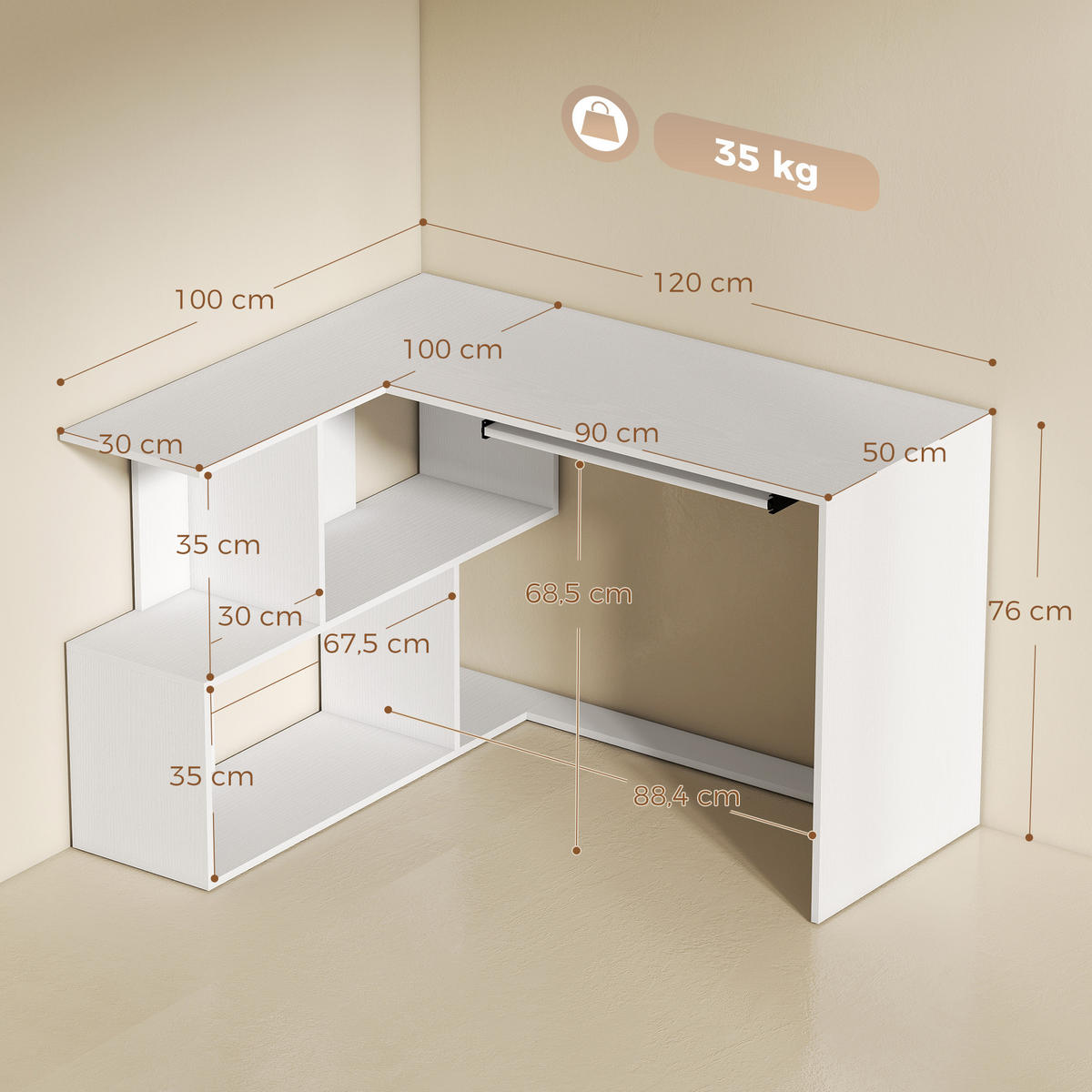 COMPUTERTISCH Spanplatte Weiß - Weiß, Holzwerkstoff (120/100/76cm) - HOMCOM