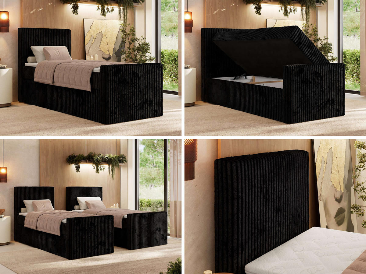 BOXBETT TILIANO DUO 90/200 - Schwarz Cord - H4 - Topper Visco - Links Seite - Schwarz, Textil (90/200cm) - MKS