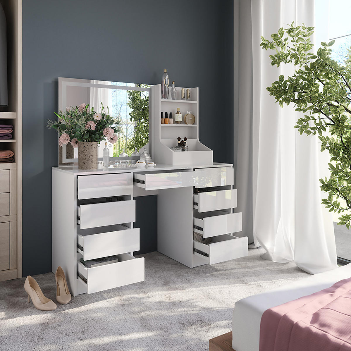 SCHMINKTISCH Sherry Weiß/Weiß Hochglanz 128.2 cm 3 Teile - Weiß Hochglanz, Holzwerkstoff (128.2/76/50.1cm) - Vicco