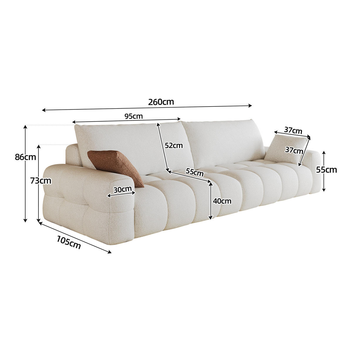 2-SITZER-SOFA DE-34889 260 cm tiefer Sitz Cremeweiß - Creme, Textil (105/86/260cm) - ComfortXL