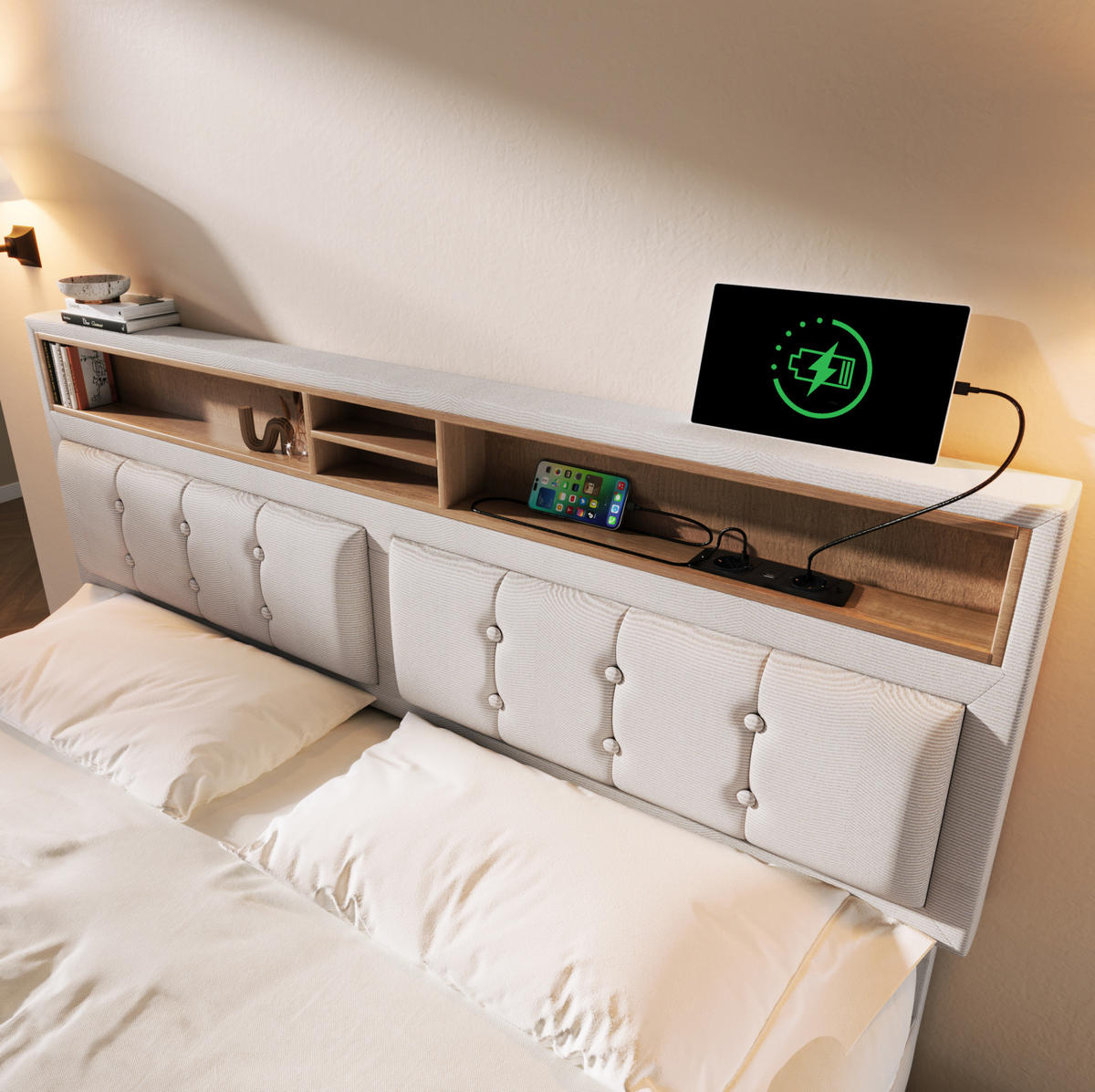 POLSTERBETT 140/200 cm in Beige mit 4 Schubladen, Matratze und USB - Beige, Textil (140/200cm) - Flora Grace