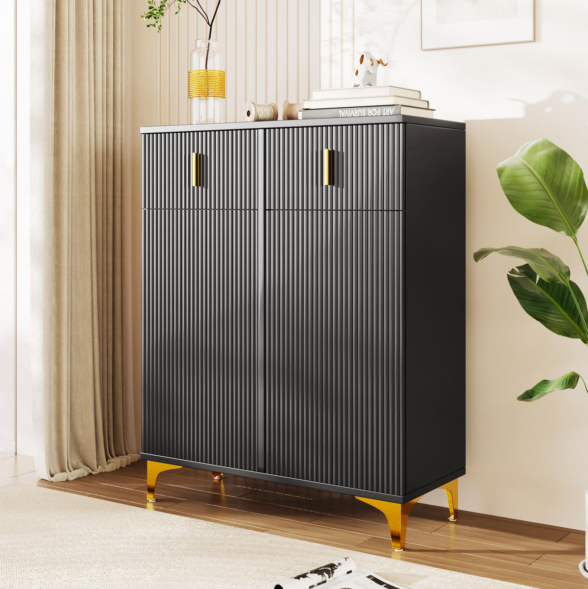 SCHUHSCHRANK mit 2 Schubladen und 2 Türen, strukturierte Paneele mit vergoldeten Akzenten, 83/35/101 cm, Schwarz - Schwarz, Holzwerkstoff (83/35/101cm) - Redom
