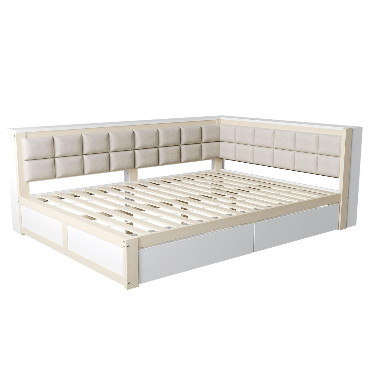BETT aus Kiefernholz 140x200 cm Holzfarbe mit 2 Schubladen, weicher Rückenlehne und Ablageflächen - Weiß, Holzwerkstoff (140/200cm) - Modfu
