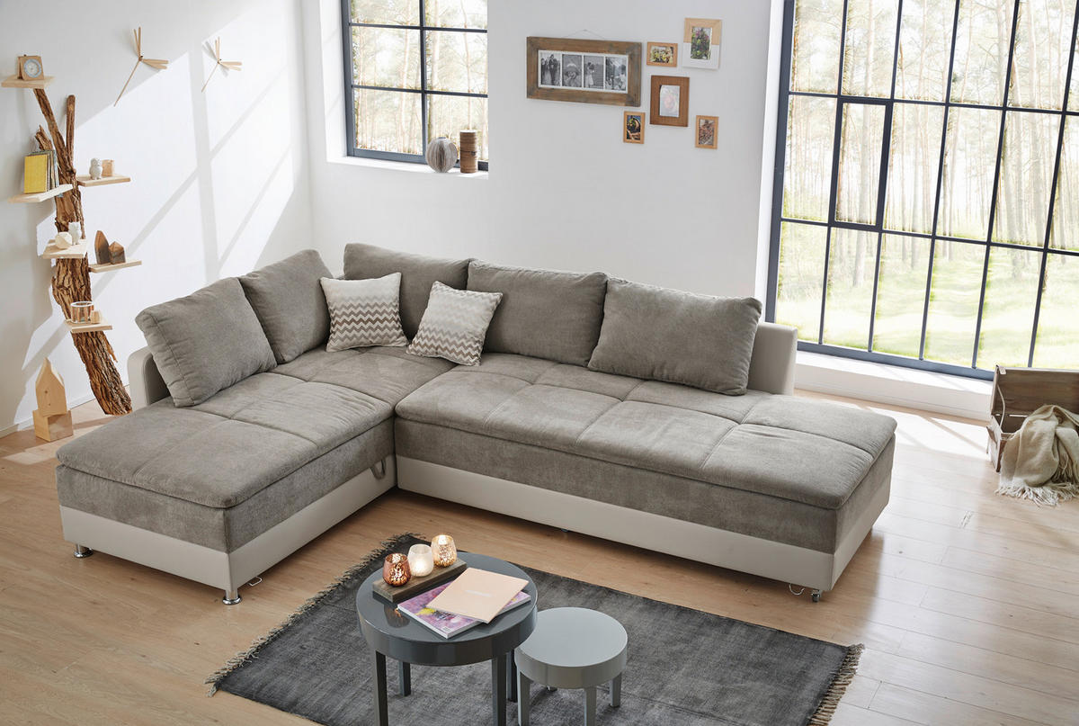 ECKSOFA-DAUERSCHLÄFER Doppelbett 306/223/95 cm Boxspring Federkern Topper, Schwenkteil rechts, Kunstleder Beige+Mikrofaser Grau Braun / 15102 - Chromfarben/Beige, Textil/Metall (306/223cm) - luma-home