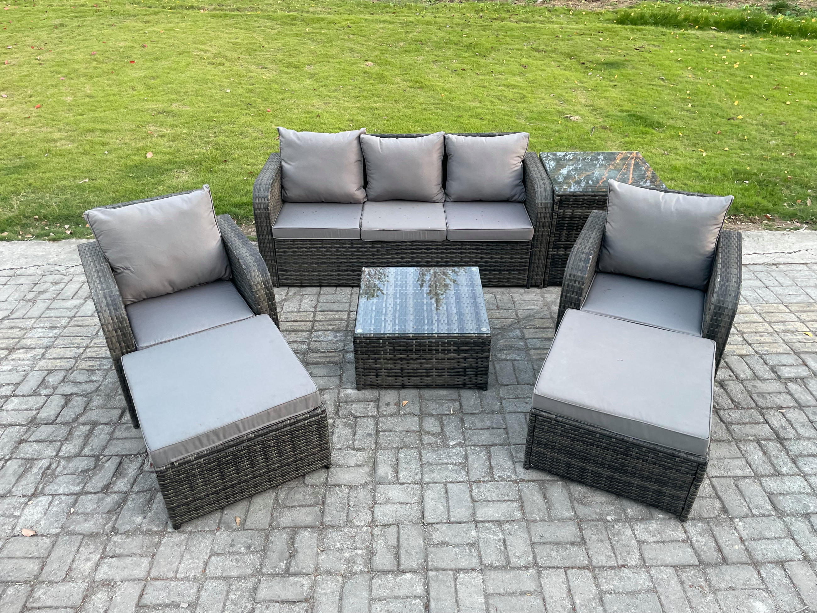 GARTENMÖBELGARNITUR mit KISSEN Polyrattan Dunkelgrau 7-Sitzer - Dunkelgrau/Grau, Glas/Kunststoff - Fimous