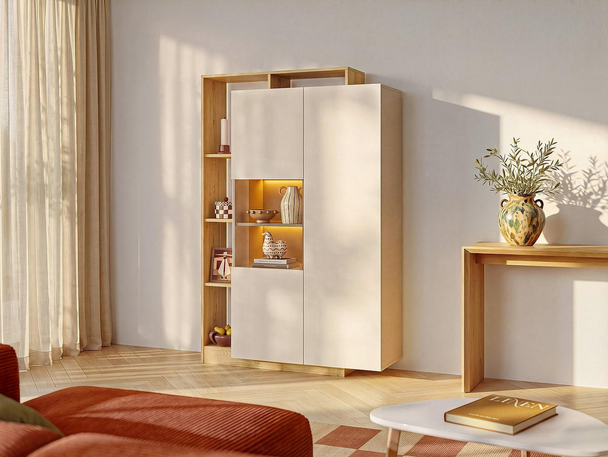 VITRINENSCHRANK - 110 x 43.6 - holz - beige, naturfarben hell Idesia - Beige/Naturfarben, Glas/Holz (110/165.2/43.6cm) - Vente-Unique