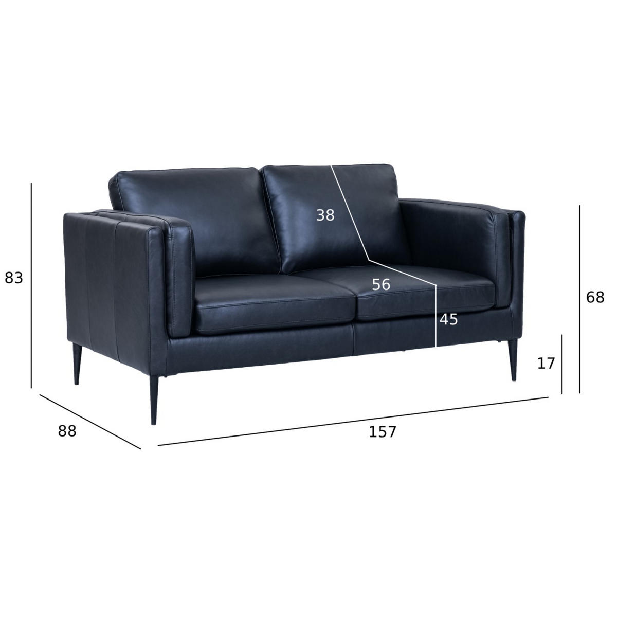 ZWEISITZER-SOFA Echtleder Schwarz - Schwarz, Leder/Metall (157/83/88cm) - Furnhouse