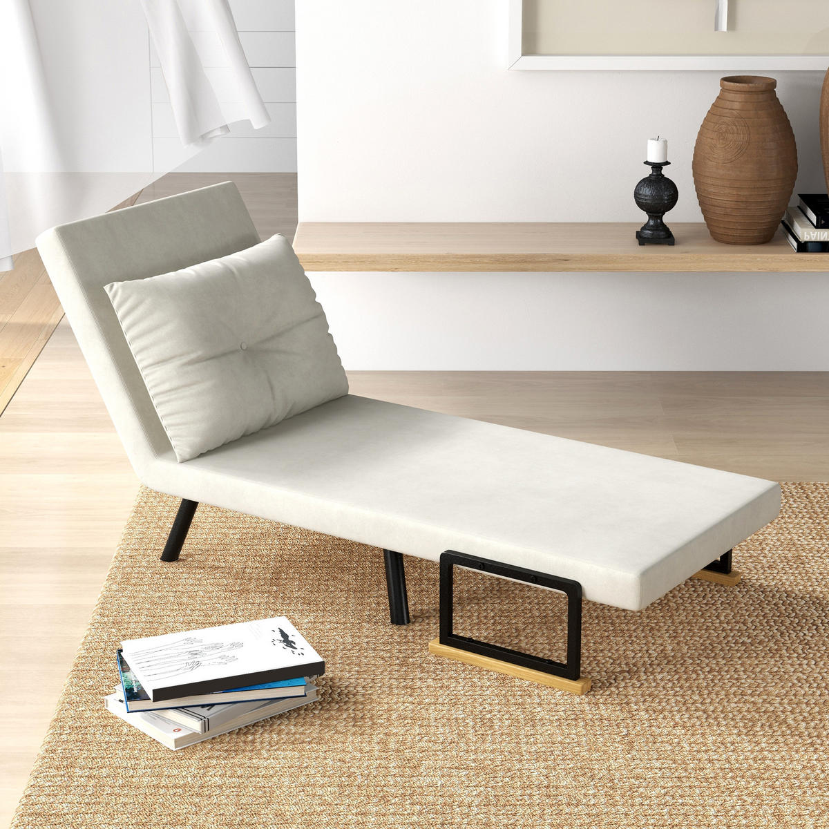 SCHLAFSESSEL, Einzelsofa mit Bettfunktion, Relaxsessel mit Rückenkissen Creme - Creme/Schwarz, Holz/Textil (63/81/73cm) - HOMCOM