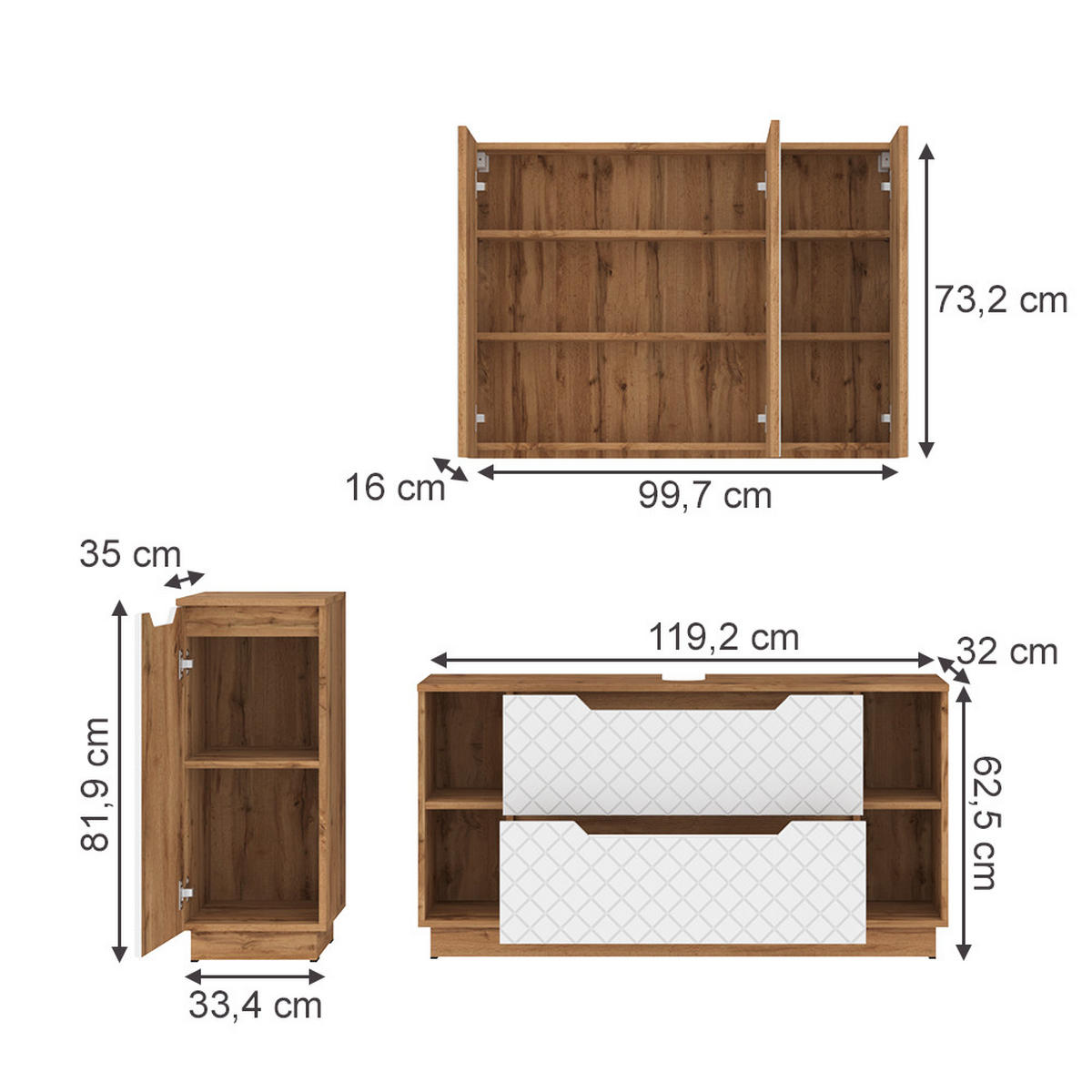 BADMÖBEL-SET Lotta Eiche/Weiß mit Kachelstruktur 3 Teile - Eichefarben/Weiß, Holzwerkstoff (119.2/62.5/35cm) - Vicco
