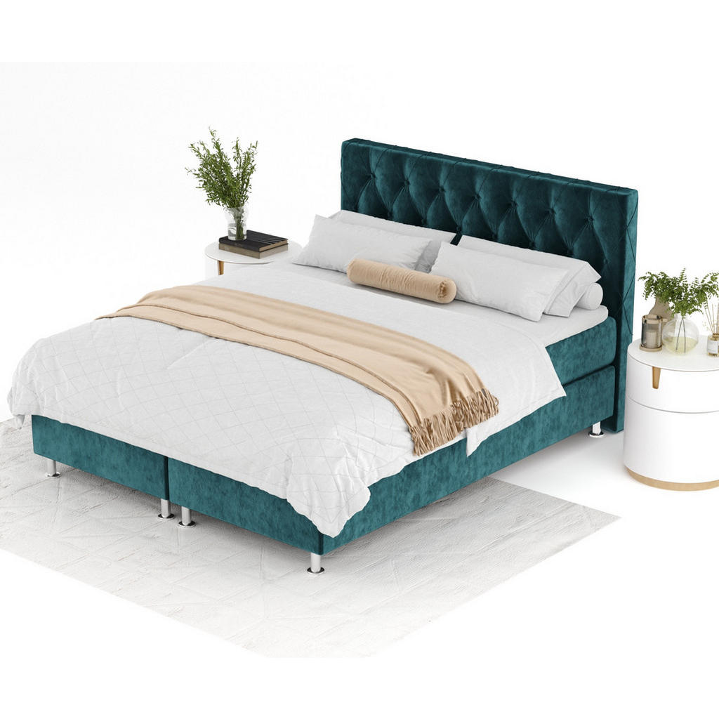 Thumbnail - Maison de Reve Boxspringbett, Türkis, Textil, Buche, Kiefer, H3, Höhe ca. 21 cm, 180x200 cm, Oeko-Tex® Standard 100, FSC...