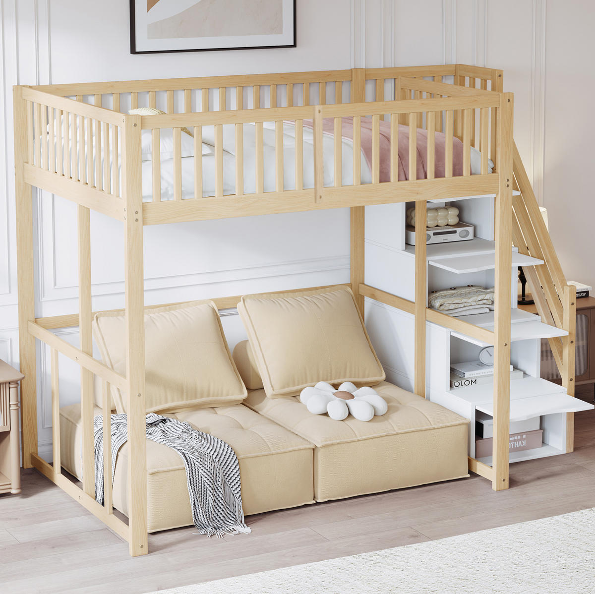 HOCHBETT 140/200 cm aus Kiefernholz mit Stauraumleiter, Naturholz - Naturfarben, Holz (140/200cm) - OKMYHOME