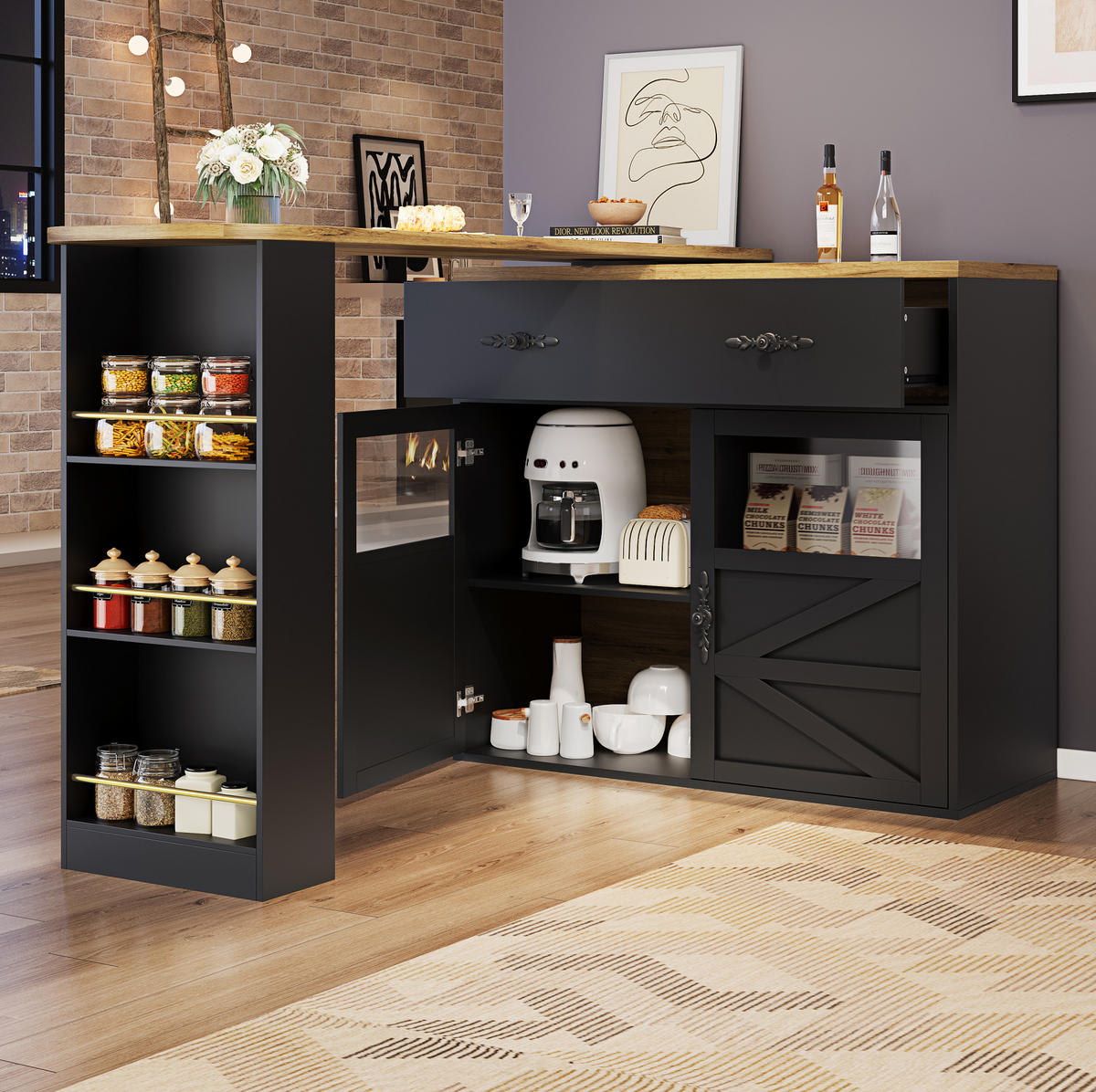KÜCHENINSEL aus MDF 138-204x39x104cm in Schwarz mit 360° Drehfunktion - Schwarz, Holzwerkstoff (39/104/204cm) - Modfu