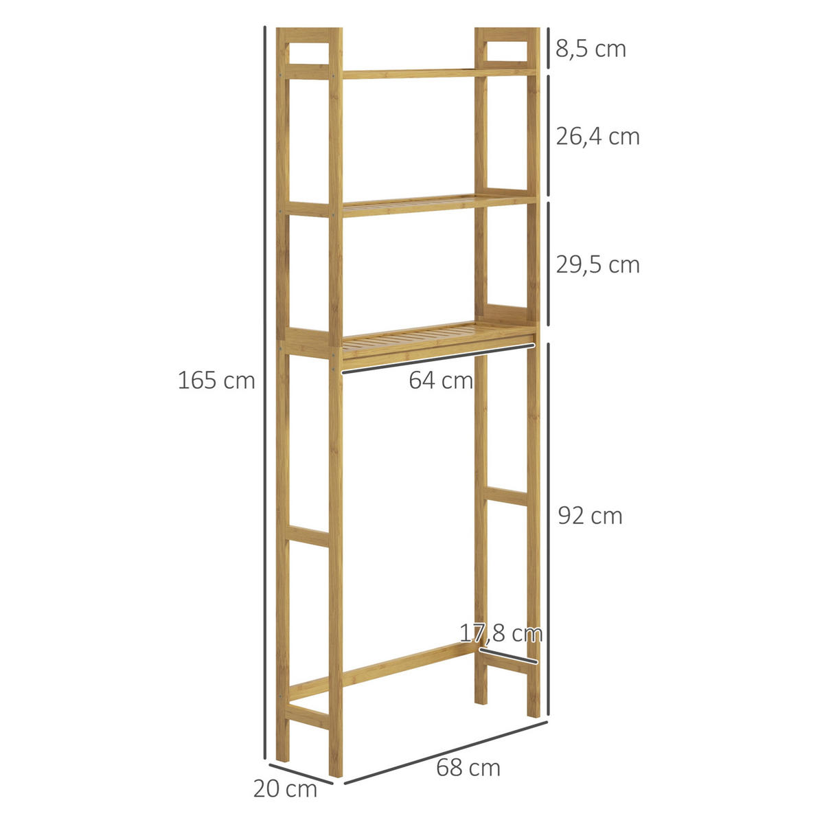 BADEZIMMERREGAL 68x20x165 cm Natur aus Bambus mit 3 Fächern & Kippschutz - Naturfarben, Naturmaterialien (68/165/20cm) - Modfu