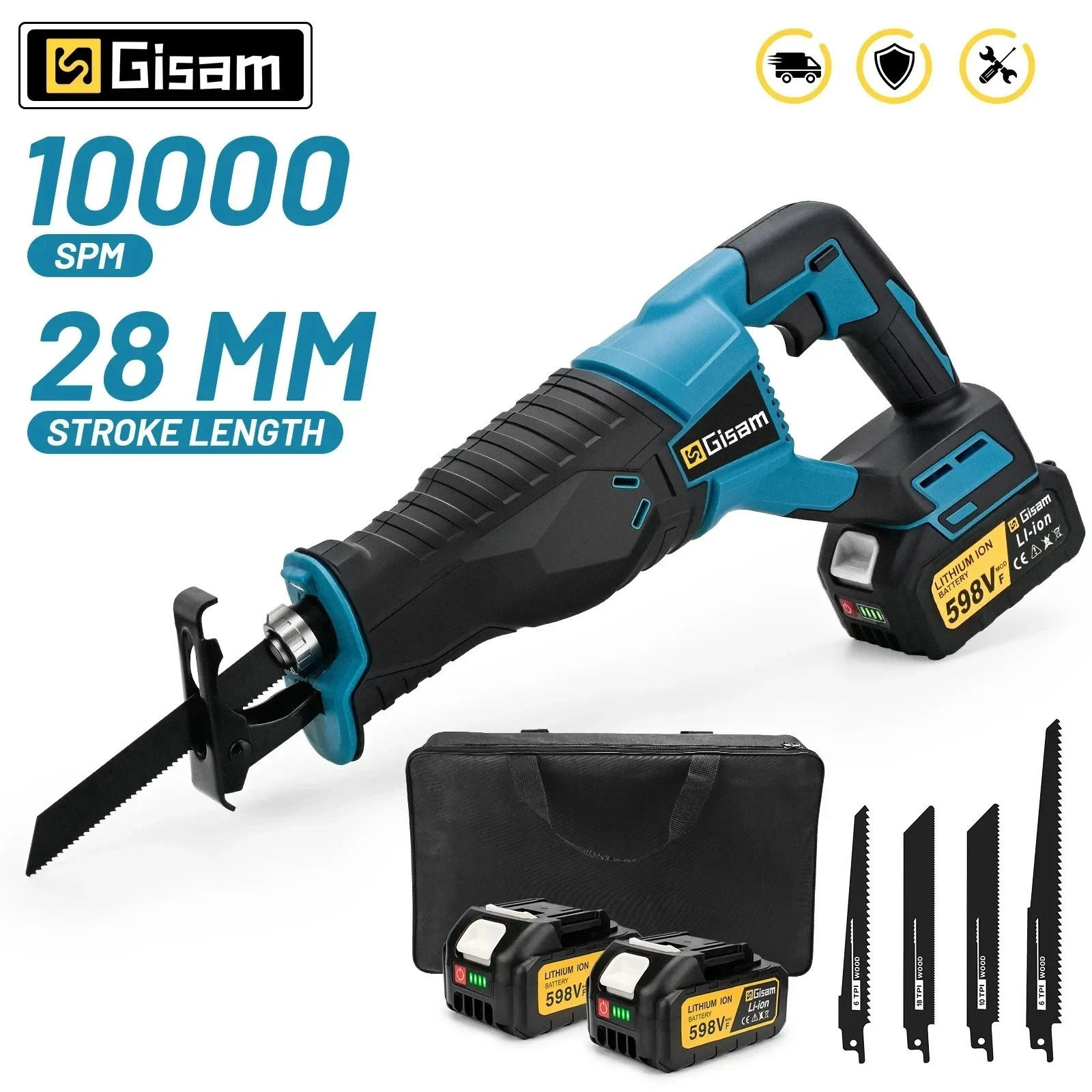 SÄBELSÄGE kabellos 3000W 10000SPM Blau, Mit 2 Akkus - Blau, Metall (15/7/40cm) - Coonoor