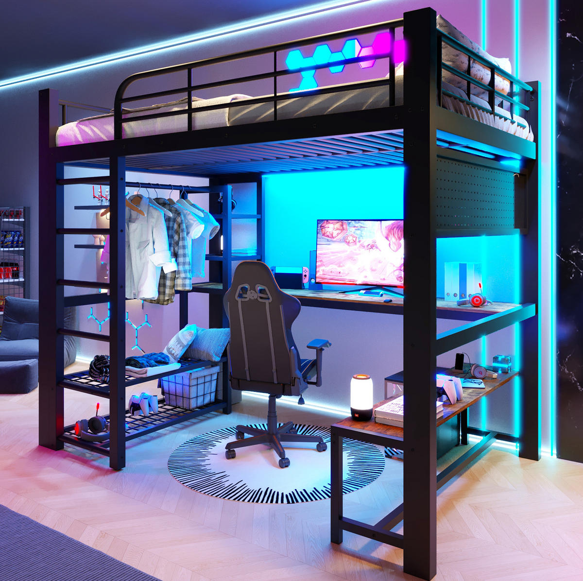 HOCHBETT 140/200 cm aus Metall mit LED-Lichtleiste, Schwarz - Schwarz, Metall (140/200cm) - OKMYHOME