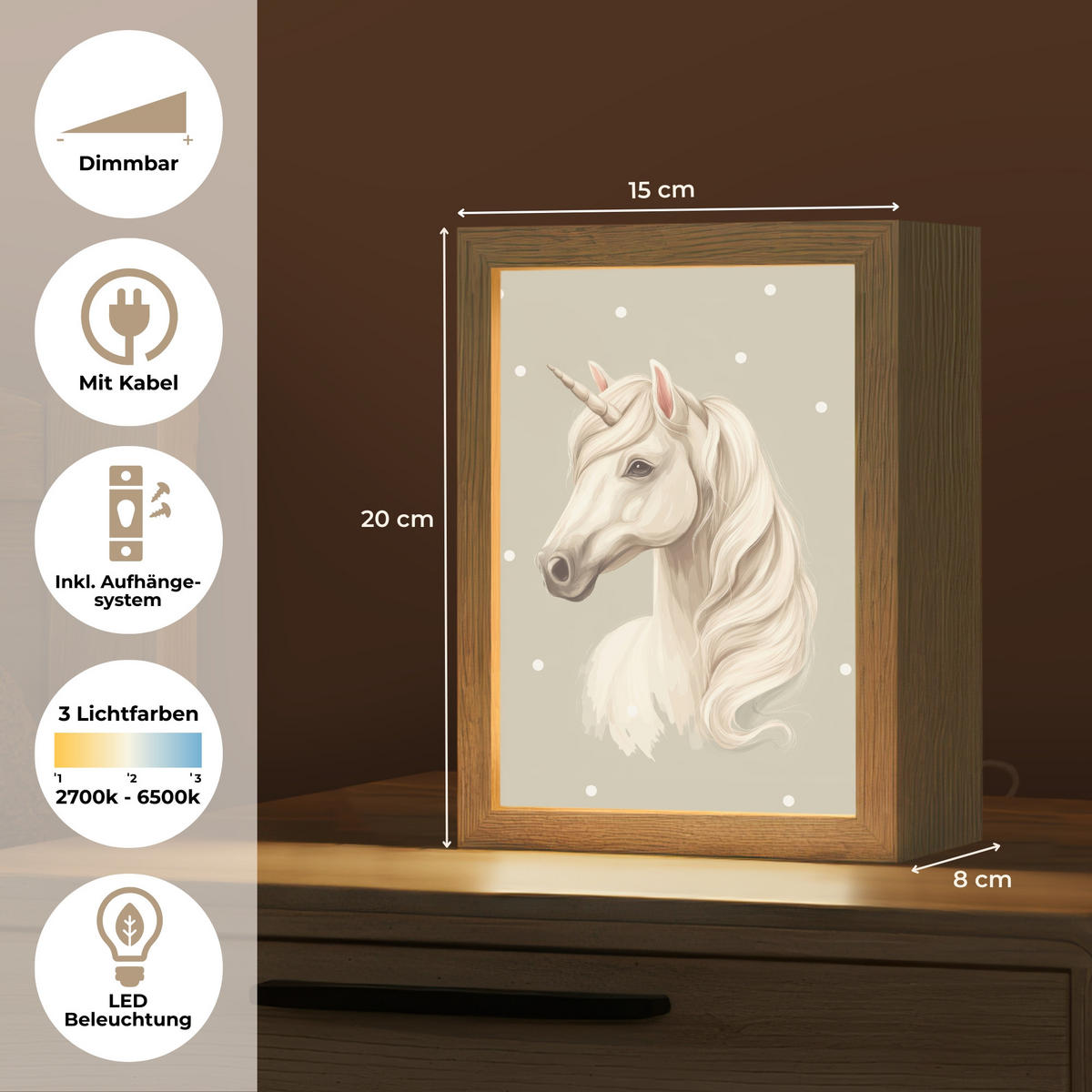 NÁSTĚNNÁ LAMPA Jednorožec - bílý - tečky 15x20 cm - šedohnědá, kompozitní dřevo (15/20/8cm) - OnlyWow