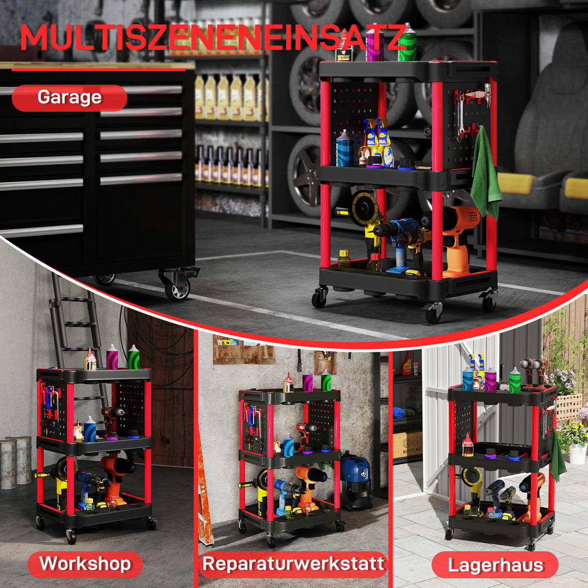 WERKSTATT-ROLLWAGEN mit 3 Etagen, Seitenlochregalen, Werkzeugwagen mit Haken - Schwarz, Kunststoff (47.5/89/56.5cm) - HOMCOM