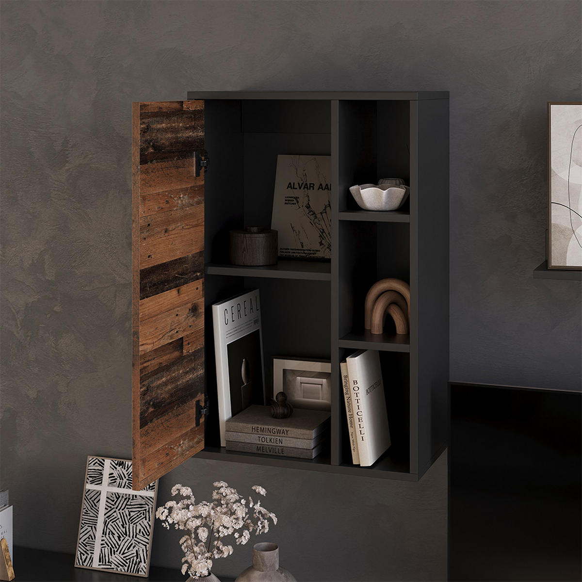 STĚNOVÁ POLICE Berno Černá/starý styl - černá/hnědá, kompozitní dřevo (50.1/78.4/28.3cm) - Vicco