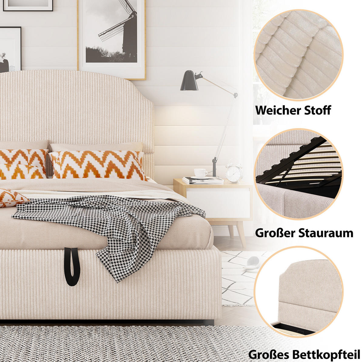 POLSTERBETT aus Plüschstoff 140x200 cm Beige mit hydraulischem Bettkasten und großem Kopfteil - Beige, Textil (140/200cm) - Modfu