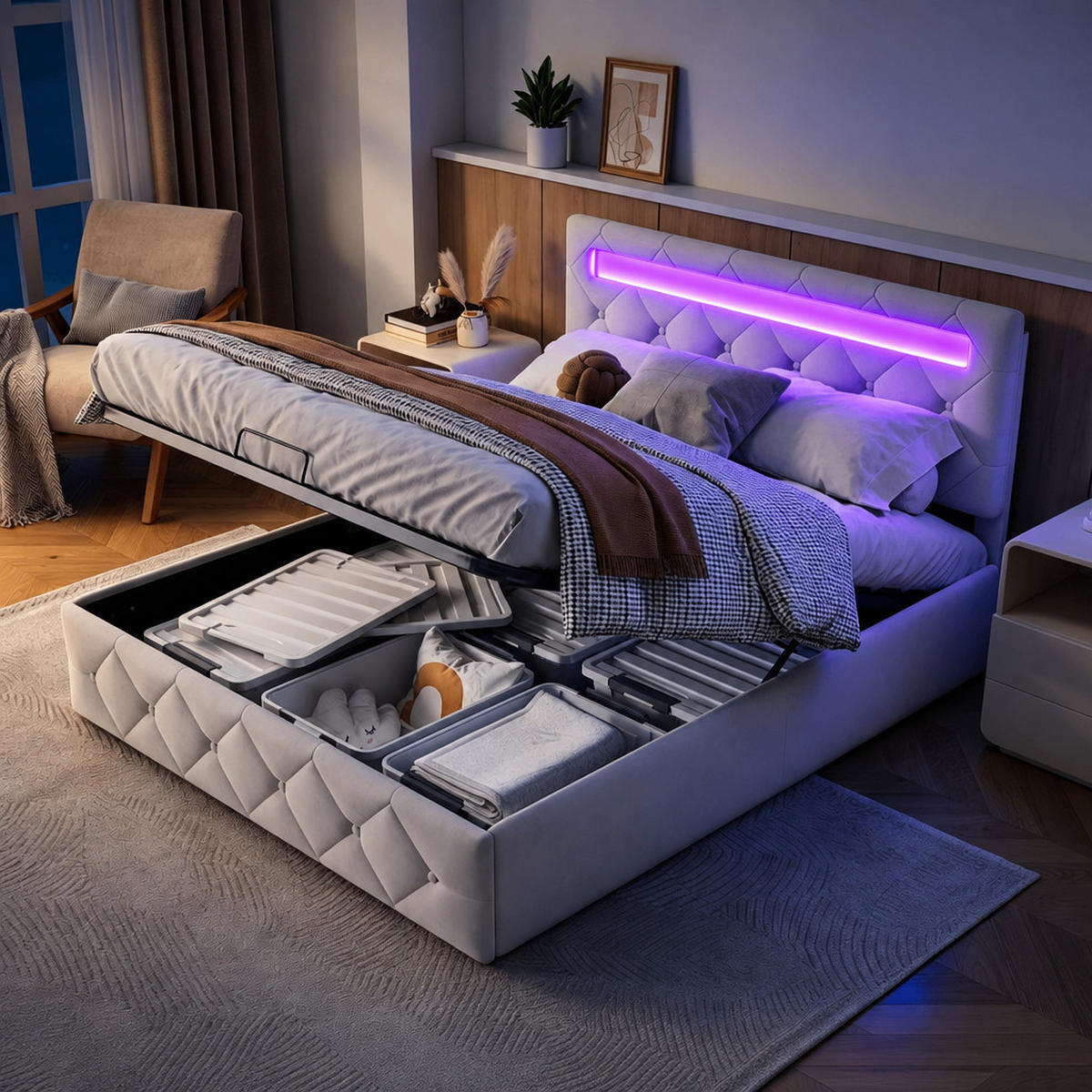 POLSTERBETT,DOPPELBETT 160/200 cm mit Verstellbarem Kopfteil und LED-Beleuchtung - Naturfarben/Weiß, Holz/Textil (140/200cm) - FURNISHINGS HOME