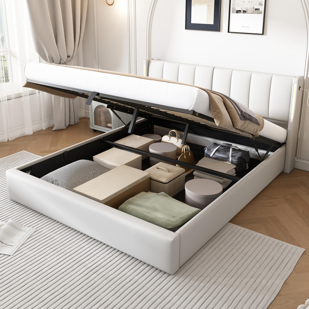 BETT mit Stauraum und LED 160x200 cm PU Weiß - Weiß, Metall (160/200cm) - Meubliv