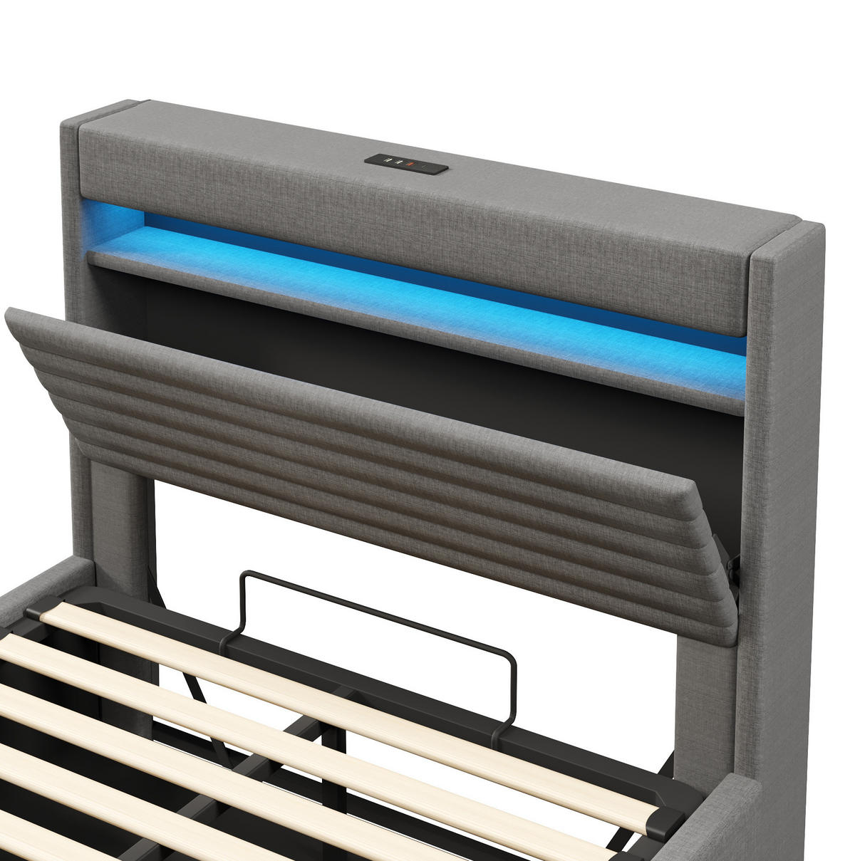POLSTERBETT 140/200 cm aus Leinen mit LED, USB-C und Stauraum Grau - Flieder, Textil (140/200cm) - Modenvie