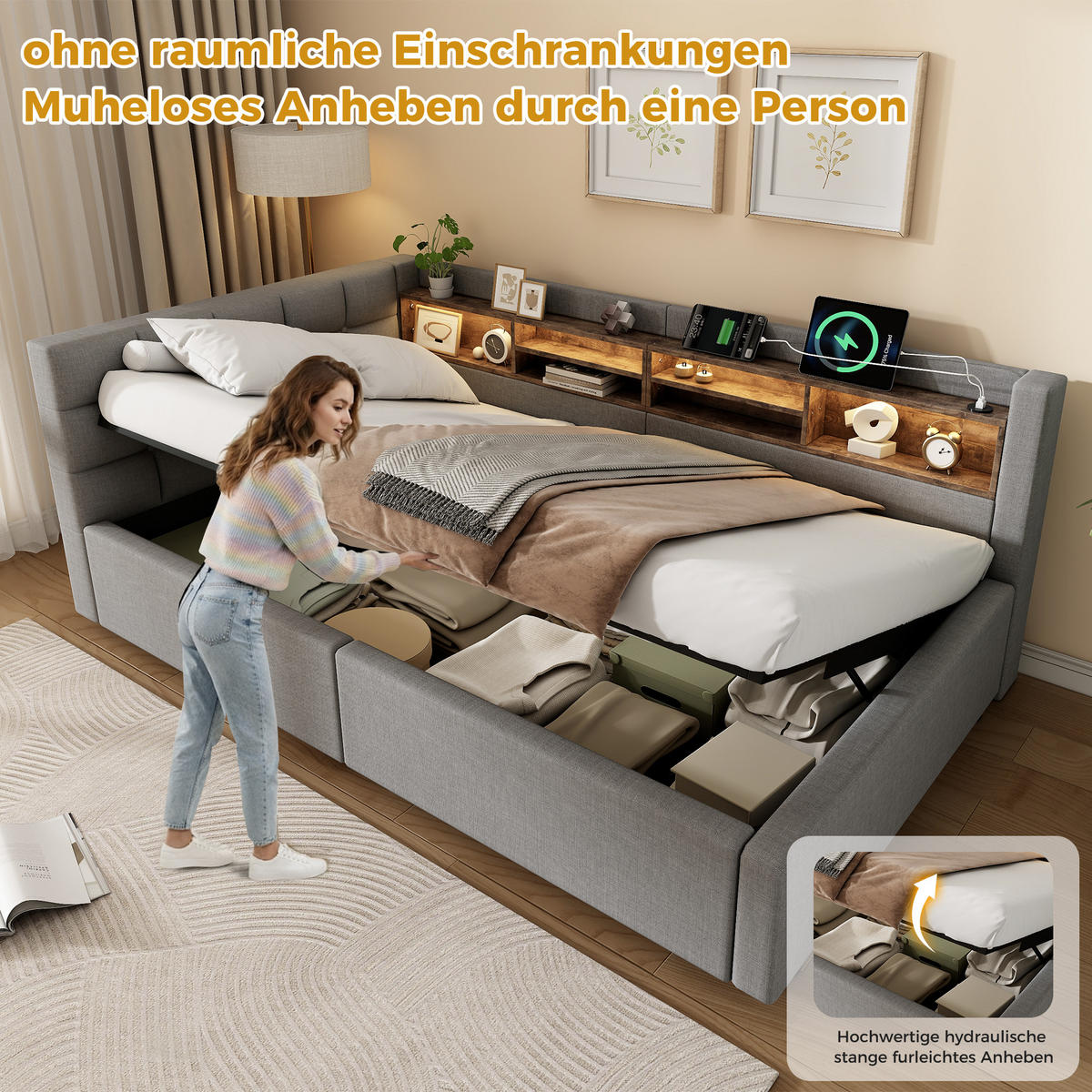 DENNÍ POSTEL 90x200cm Pohovka Úložná LED USB Šedá - šedá, přírodní materiály (90/200cm) - FLIEKS