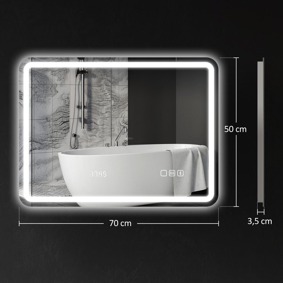 BADEZIMMERSPIEGEL DE-15201 mit Bluetooth, Uhrzeit und Antibeschlag Silber - Silberfarben, Glas (3.5/70/50cm) - ComfortXL