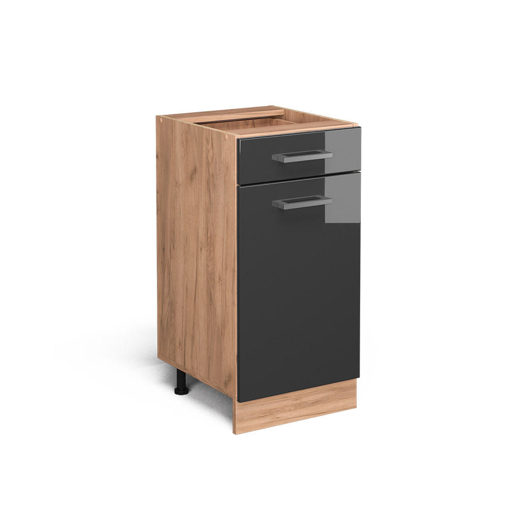KÜCHENUNTERSCHRANK R-Line Anthrazit Hochglanz 40 cm ohne AP - Honigeiche/Schwarz Hochglanz, Holzwerkstoff (40/81.6/46cm) - Vicco