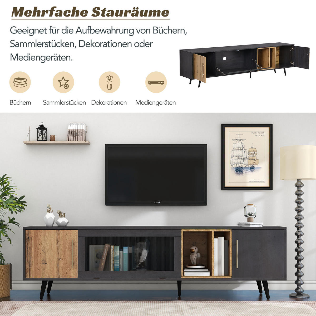 TV-MÖBEL Schwarz und Grau 200/40/55,5 cm - Schwarz, Holz (40/55.5/200cm) - Urban Meuble