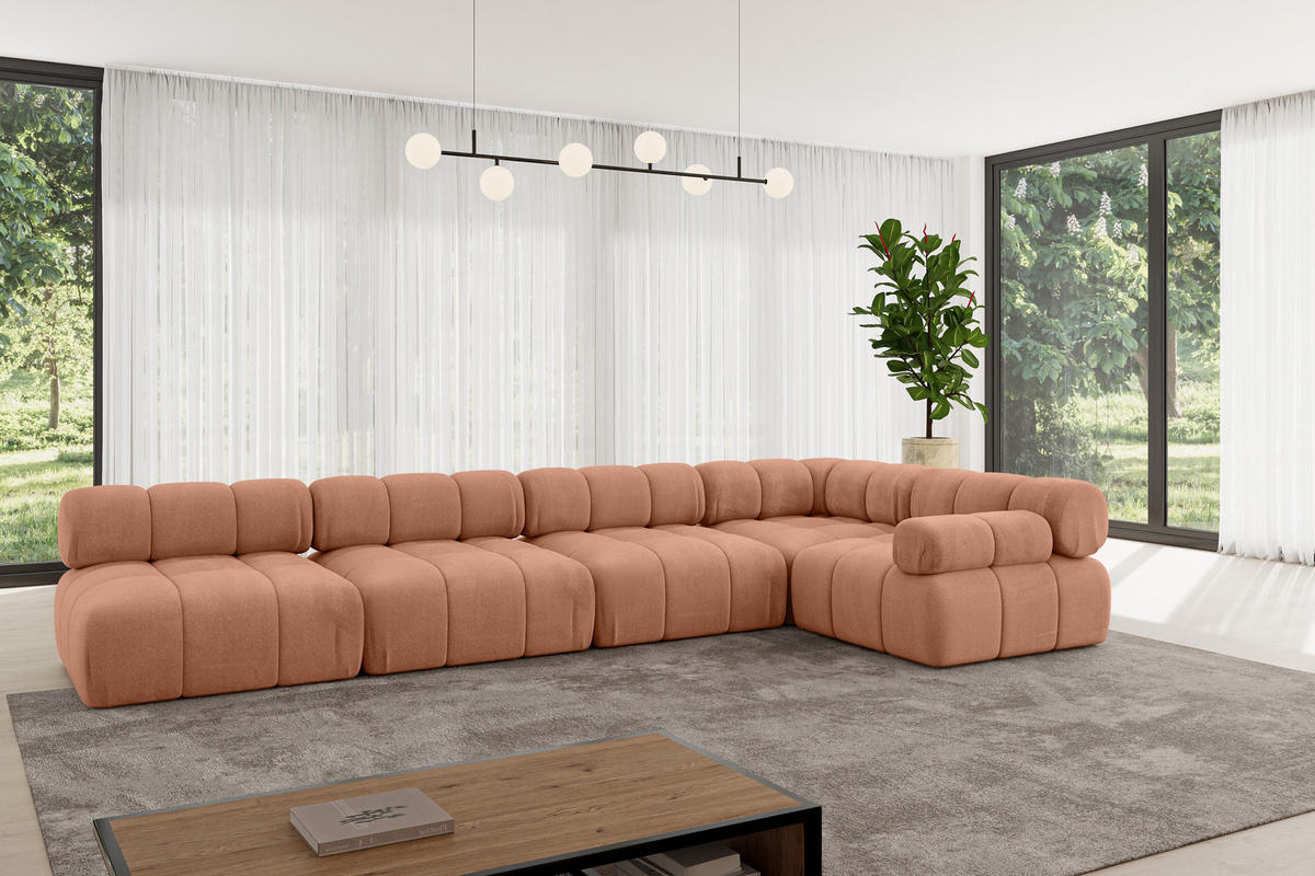 ECKSOFA modulares Sofa Mende-L3 - 380x190x70 cm Apricot Velours - Koralle, Holzwerkstoff/Textil (380/190cm) - ALTDECOR