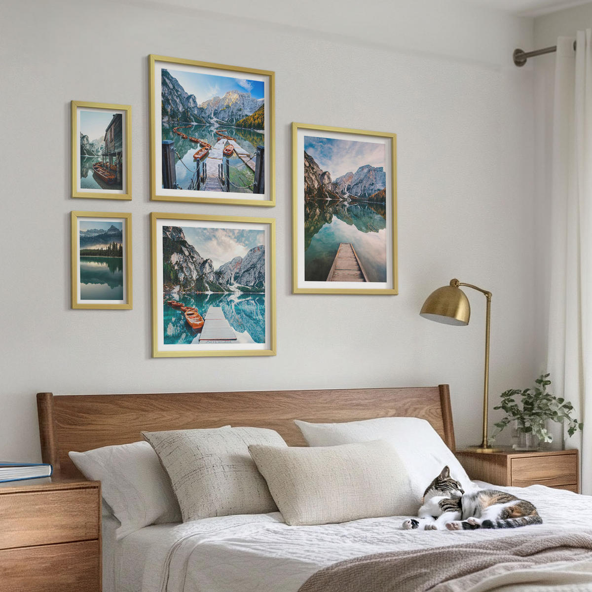 BILDER SET 5er Set - 50x50 cm & 20x30 cm & 40x60 cm Goldrahmen - See Berge Holzboote - Goldfarben, Kunststoff (40/60cm) - TULUP