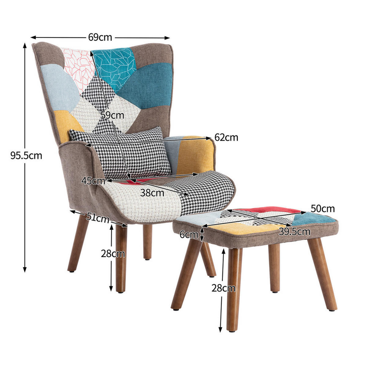 SESSEL Freizeitstuhl Fußstütze Rückenlehne Kissen Wohnzimmer Kombination - Multicolor, Holz (70/32/70cm) - FLIEKS