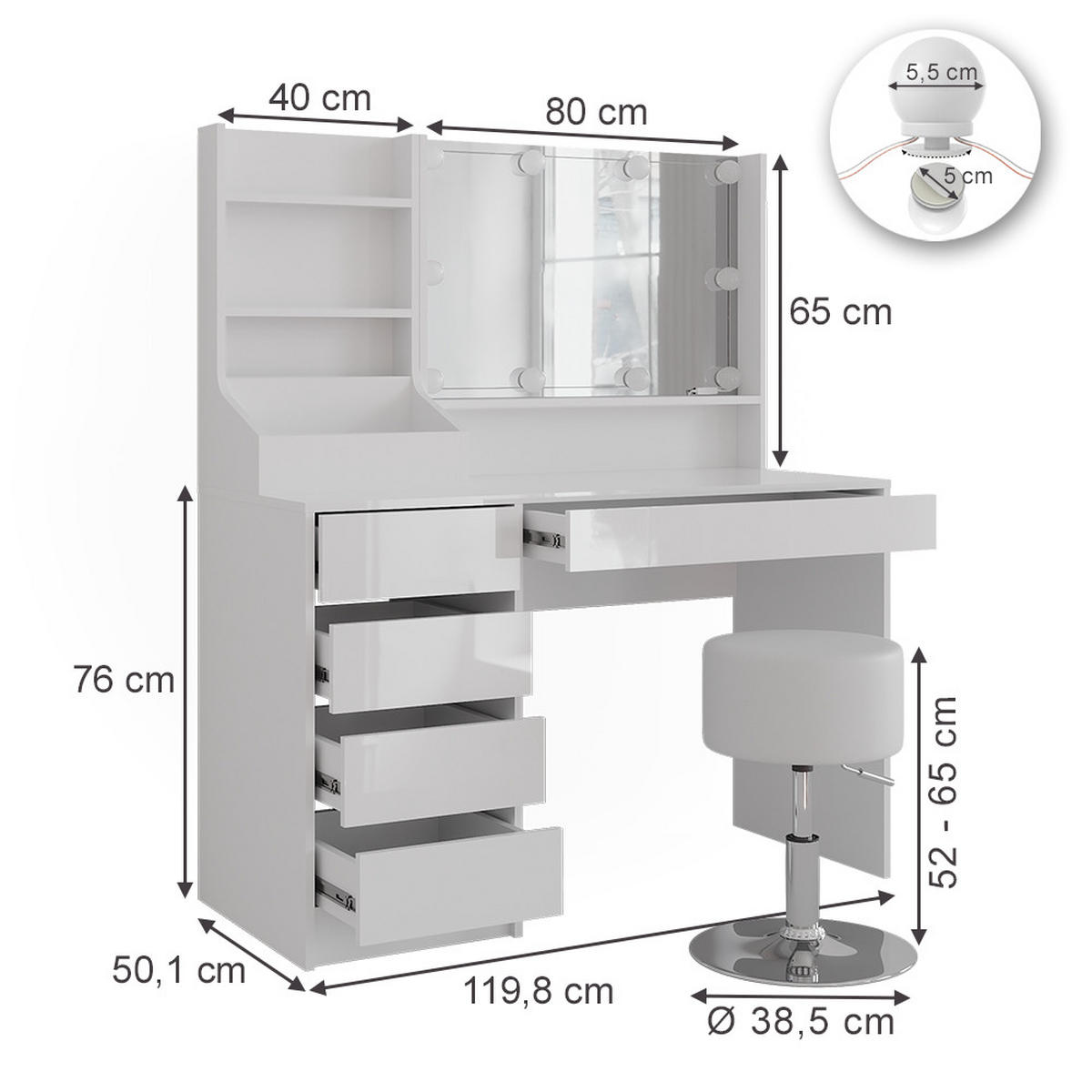 SCHMINKTISCH Sherry Weiß/Weiß Hochglanz 119.8 cm 4 Teile - Weiß Hochglanz, Holzwerkstoff (119.8/76/50.1cm) - Vicco