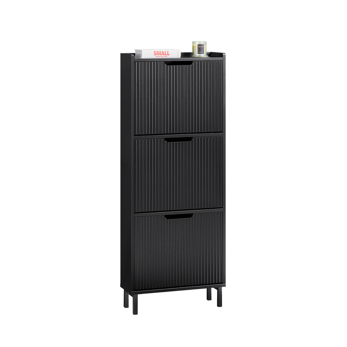 SCHUHSCHRANK mit 3 Klappen schmal 50x130x19cm Schwarz - Schwarz, Holzwerkstoff/Metall (50/130/19cm) - SoBuy