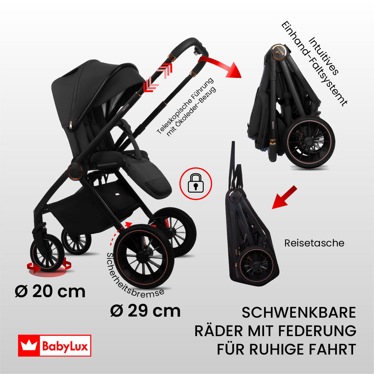 KINDERWAGEN Castor 4in1 Schwarz Babywanne, Reisebuggy, Autositz, Isofix Basis - Schwarz, Textil/Metall (58/98cm) - BabyLux