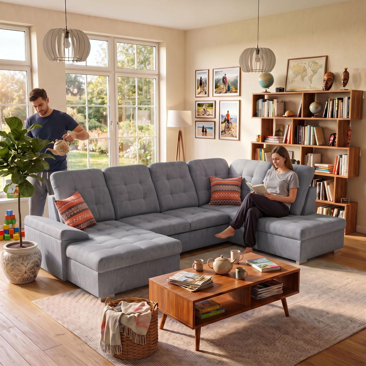 ECKSOFA U-Form OLIVIA U Rechts mit Schlaffunktion 124x257 Velours Grau - Silberfarben/Grau, Holz/Kunststoff (202/103/320cm) - Muffo