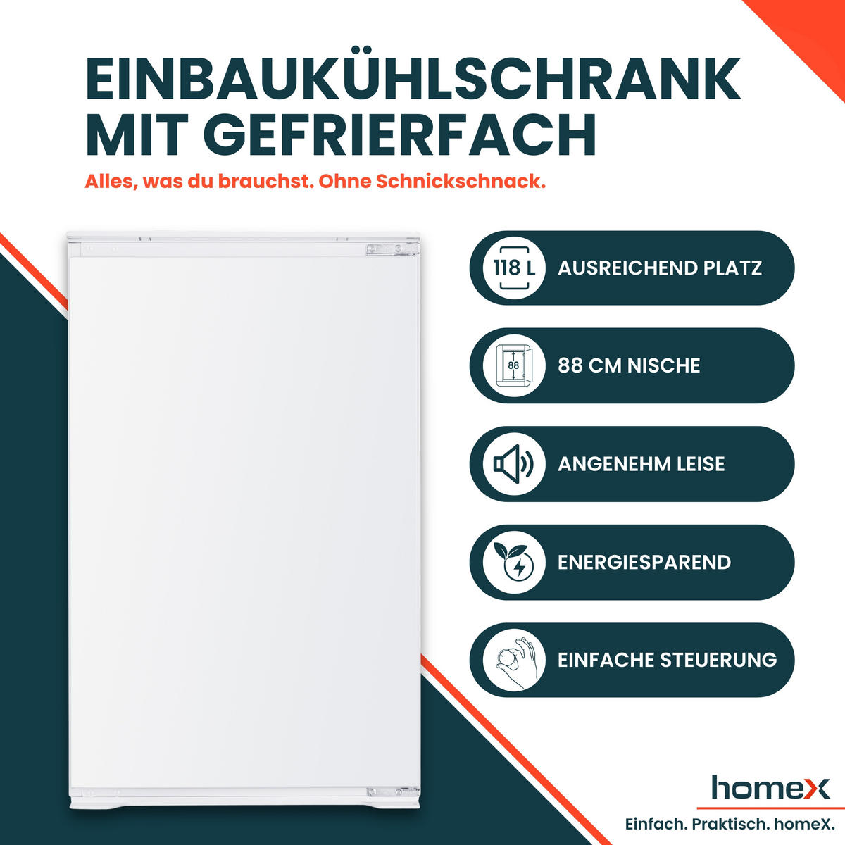 KÜHLSCHRANK Einbau, mit Gefrierfach, 88cm Nische, 118 Liter, Schlepptürtechnik, CFB1181E - Weiß, Glas/Kunststoff (54/89/54cm) - homeX