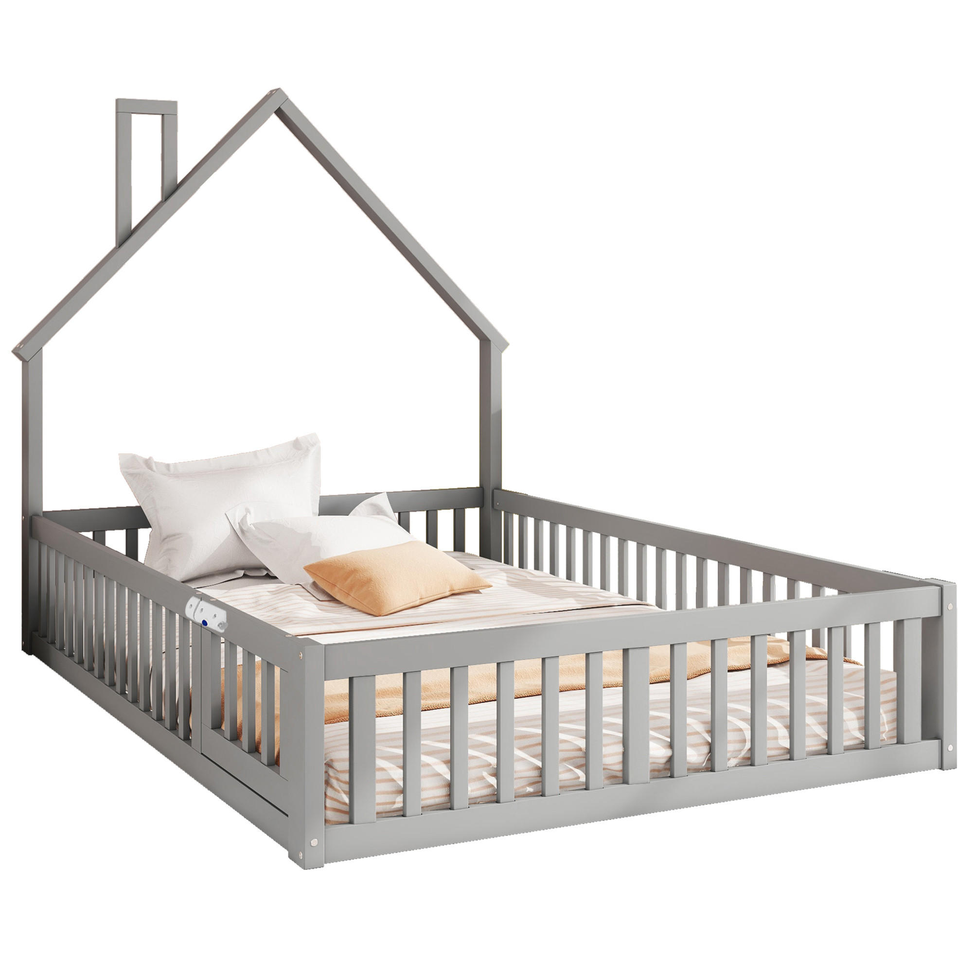 KINDERBETT 140/190 cm Grau aus Kiefer und MDF mit Sicherheitsgitter - Grau, Holzwerkstoff (140/190cm) - Flora Grace
