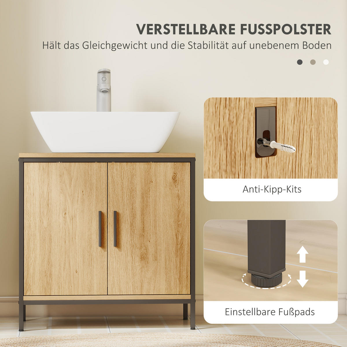 WASCHBECKENUNTERSCHRANK 60x60 cm, einstellbarem Regal Eiche - Eichefarben/Schwarz, Holzwerkstoff/Metall (30/60/60cm) - HOMCOM