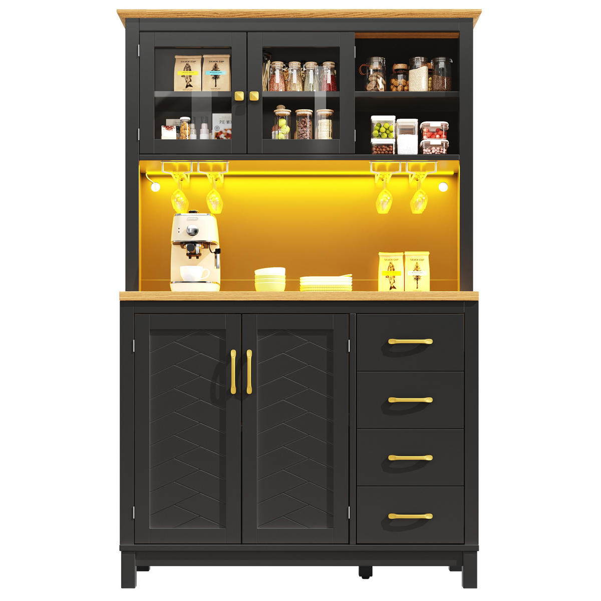 BUFFETSCHRANK 105,5/40/180 cm mit LED-Lichtleiste, viel Stauraum und Anti-Kipp-Sicherung, Schwarz - Schwarz, Holzwerkstoff (105.5/180/40cm) - Redom