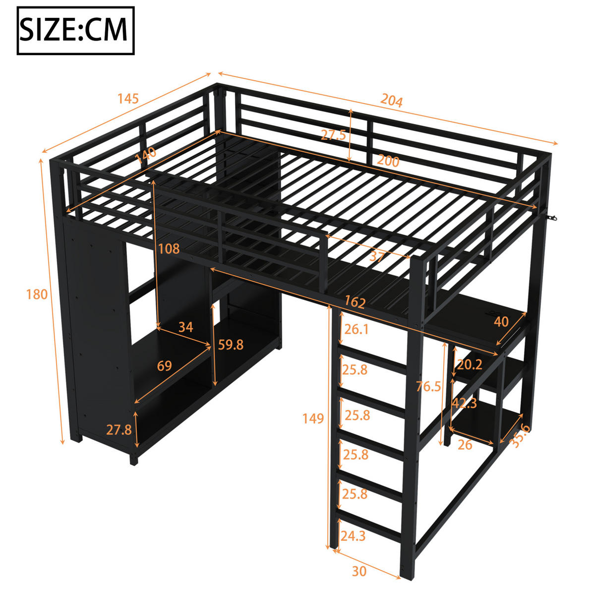 HOCHBETT 140/200 cm mit LED, Schreibtisch, offenem Kleiderschrank und Ablagen, Schwarz - Schwarz, Metall (140/200cm) - Redom