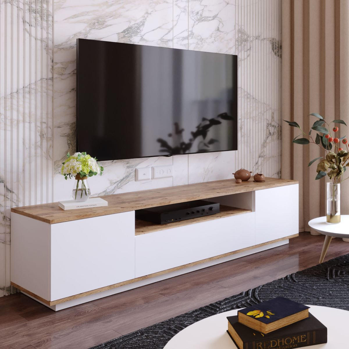 TV-MÖBEL mit 3 Türen & 1 Ablagefach - Weiß & Holzfarben - LOTULA - Naturfarben, Holz (44.5/44.6/180cm) - Vente-Unique