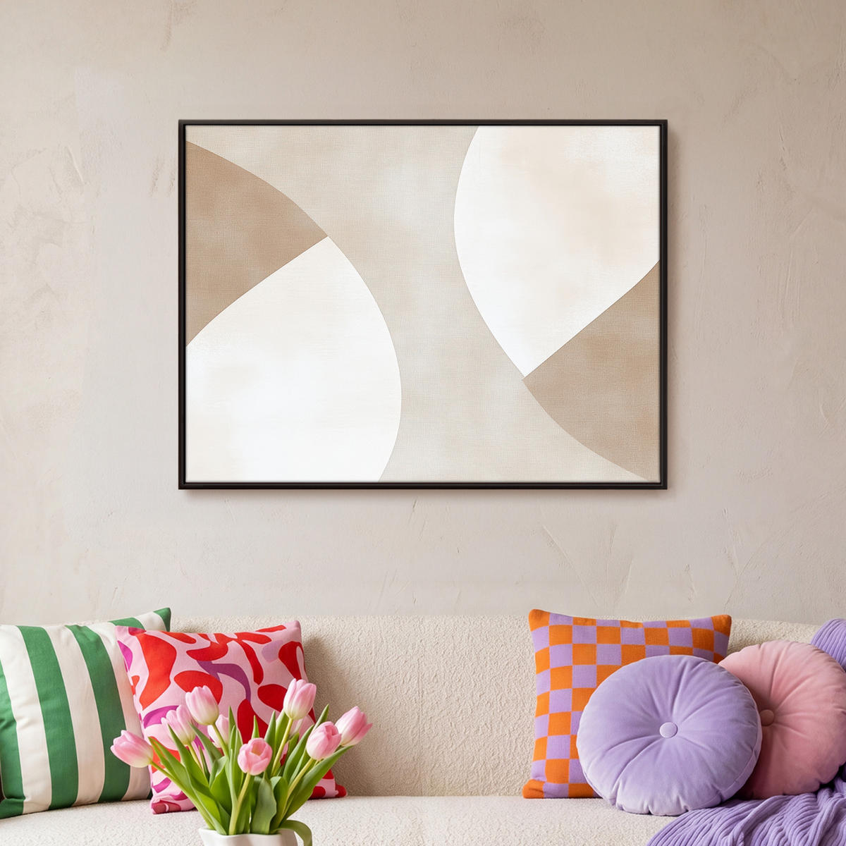 LEINWAND Bilder mit Rahmen - Braun - Japandi - Abstrakt - 80x60 - Sandfarben, Textil (80/60cm) - MuchoWow