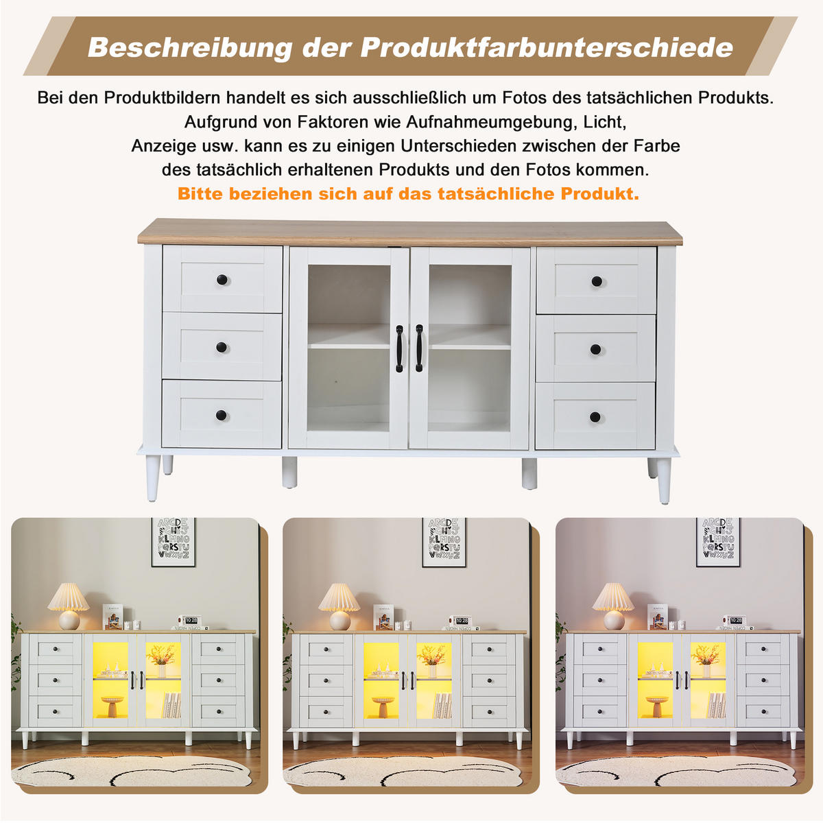 SIDEBOARD in Weiß|Naturfarben Anrichte mit 2 Acryl Türen, 6 Schubladen, LED, Wohn-/Esszimmer, B150/T40/H75cm - Weiß, Holzwerkstoff (150/75/40cm) - STILVORA