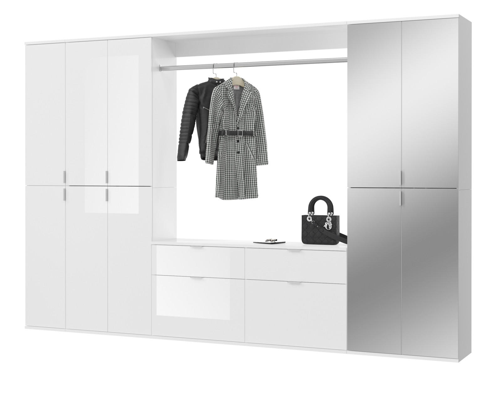 GARDEROBEN-SET weiß Hochglanz 273 cm viel Stauraum, Flurgarderobe mit Spiegeltür - Chromfarben/Weiß Hochglanz, Glas/Holzwerkstoff (273/193/34cm) - Inn.Furn