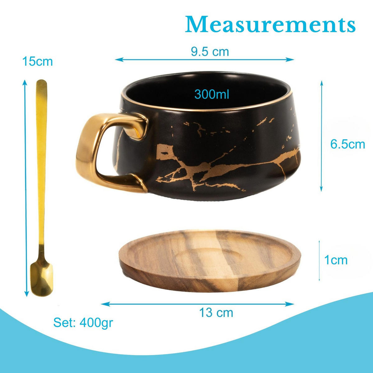 KAFFEETASSE Marmor Design 200 ml mit Untersetzer (2-tlg.) - Schwarz, Keramik (13/6.3/13cm) - Intirilife