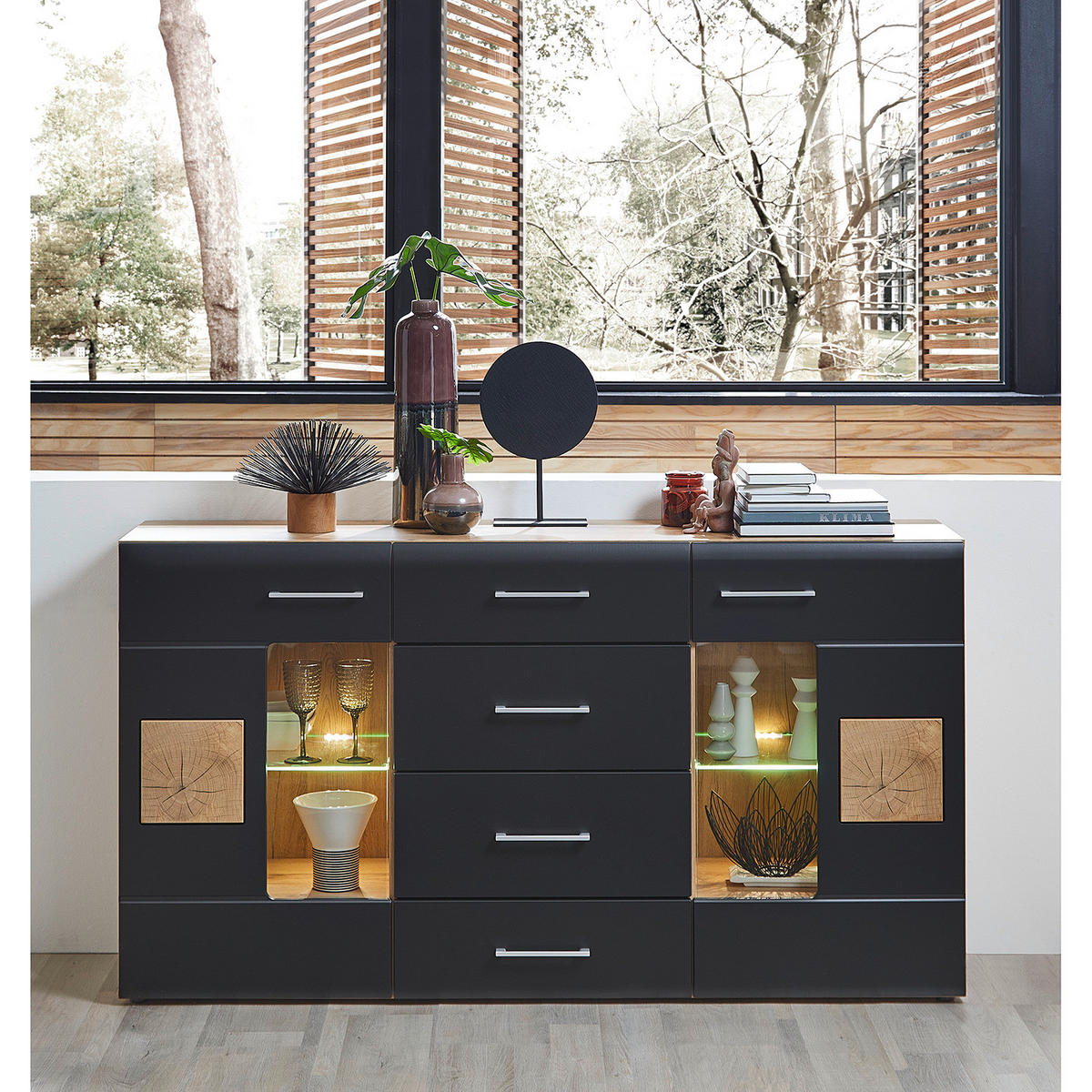 SIDEBOARD - Inkl. Beleuchtung - Matt Schwarz / Eiche Dekor - Silberfarben/Schwarz, Holzwerkstoff/Metall (170/93/40cm) - home24